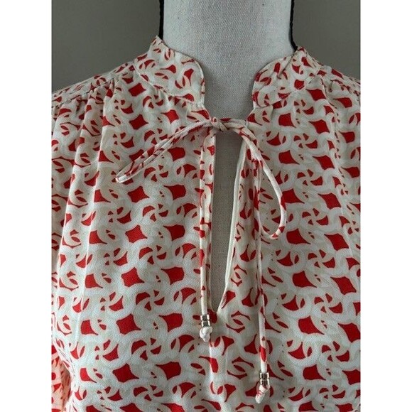 H&M Red Tan & White Long Sleeve Dress Tie Front Polyester Sz XS - Picture 2 of 5